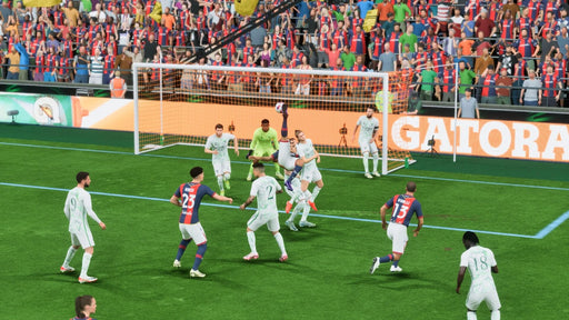 Bicycle Kick Goal Scene - A thrilling overhead kick attempt inside the penalty area in EA Sports FC 25, with the crowd reacting in the background. Enjoy realistic football action and purchase your Xbox digital code for instant delivery at RushGame.co