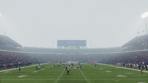 In-Game Screenshot - A misty stadium scene from EA Sports Madden NFL 25 on Xbox, featuring Buffalo Bills in action. Experience realistic weather effects and immersive gameplay. Get your digital key instantly at RushGame.co