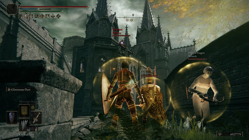 Gameplay Screenshot - Co-op battle in Elden Ring Deluxe Edition on Steam, showing players engaging in combat outside a gothic fortress, protected by golden spell shields. Buy your activation key now at RushGame.co