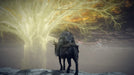 Gameplay screenshot - A mysterious cloaked figure on horseback gazes at the majestic golden Erdtree in Elden Ring for PC Steam (NA). The ethereal glow and dark clouds set an epic tone, capturing the awe-inspiring scale of FromSoftware’s masterpiece. Secure your Elden Ring CD Key now at RushGame.co and dive into this legendary adventure