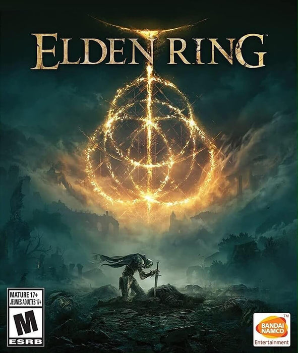 Elden Ring cover art for PC Steam (NA), featuring a warrior kneeling before a shattered sword beneath a glowing, golden rune symbol. This atmospheric design captures the dark fantasy setting of FromSoftware’s epic RPG. Buy your Elden Ring CD Key instantly at RushGame.co and experience the adventure