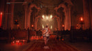 Game screenshot - A warrior charges into a gothic cathedral engulfed in eerie red candlelight in Elden Ring: Shadow of the Erdtree Deluxe Edition for Xbox One & Xbox Series X|S. The intricate architecture and haunting atmosphere hint at a formidable encounter. Get your Elden Ring DLC key instantly at RushGame.co