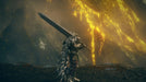 Gameplay screenshot - A mighty warrior clad in fur-lined armor wields a colossal greatsword before a glowing, golden fissure in Elden Ring: Shadow of the Erdtree Deluxe Edition for Xbox One & Xbox Series X|S. The awe-inspiring landscape captures the dark fantasy essence of this highly anticipated expansion. Buy your DLC key now at RushGame.co