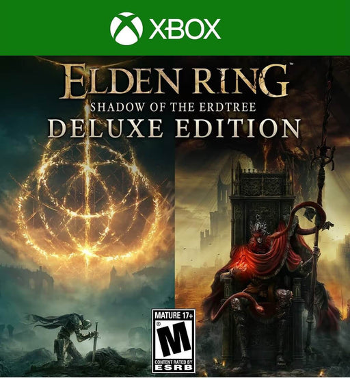 Cover art for Elden Ring: Shadow of the Erdtree Deluxe Edition on Xbox One & Xbox Series X|S, featuring the iconic Elden Ring rune and a dark, ominous throne. This expansion builds upon the legendary RPG, offering new challenges and lore. Get your Elden Ring DLC key instantly at RushGame.co