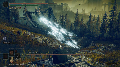 Gameplay screen - Intense battle scene from Elden Ring: Shadow of the Erdtree DLC on Steam, where a player fights the terrifying Ghostflame Dragon as it unleashes an icy breath attack in a dark forest. Unlock the full adventure with an instant digital code from RushGame.co