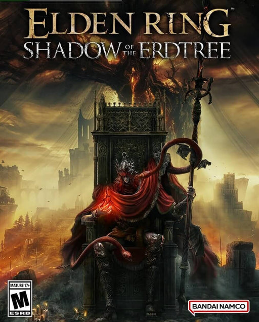 cover art for Elden Ring: Shadow of the Erdtree DLC on Steam (EU), featuring a menacing figure seated on a dark throne, draped in red robes, with a burning, twisted tree in the background. Buy your digital activation key now at RushGame.co for instant delivery.