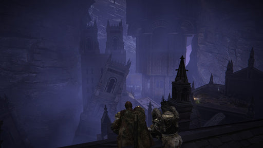 Gameplay screenshot - A haunting landscape from Elden Ring: Shadow of the Erdtree DLC on Xbox, showing two warriors standing on a rooftop overlooking a vast, ruined city shrouded in mist and shadows. Purchase your activation key today at RushGame.co