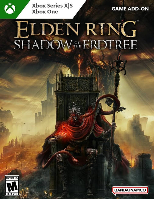 Cover art for Elden Ring: Shadow of the Erdtree DLC on Xbox Series X|S and Xbox One, featuring a dark, ominous figure seated on a throne with a burning, twisted tree in the background. Buy your digital activation key now at RushGame.co for instant delivery