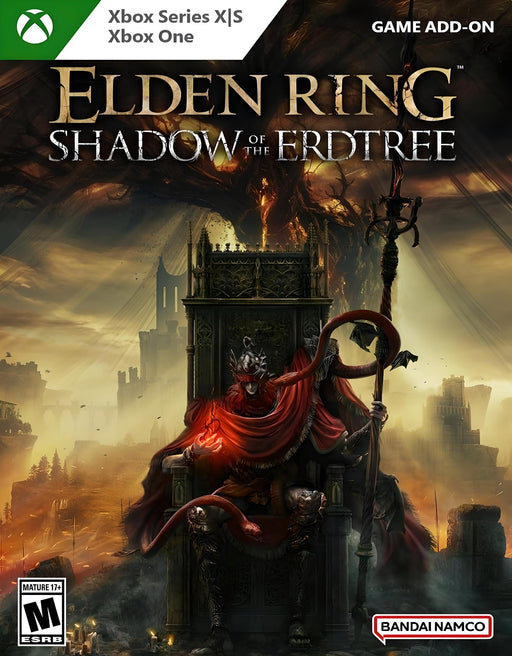 cover art for Elden Ring: Shadow of the Erdtree DLC on Xbox Series X|S and Xbox One, featuring a sinister figure on a throne draped in red, with a burning tree behind. Buy your activation key now at RushGame.co for instant delivery