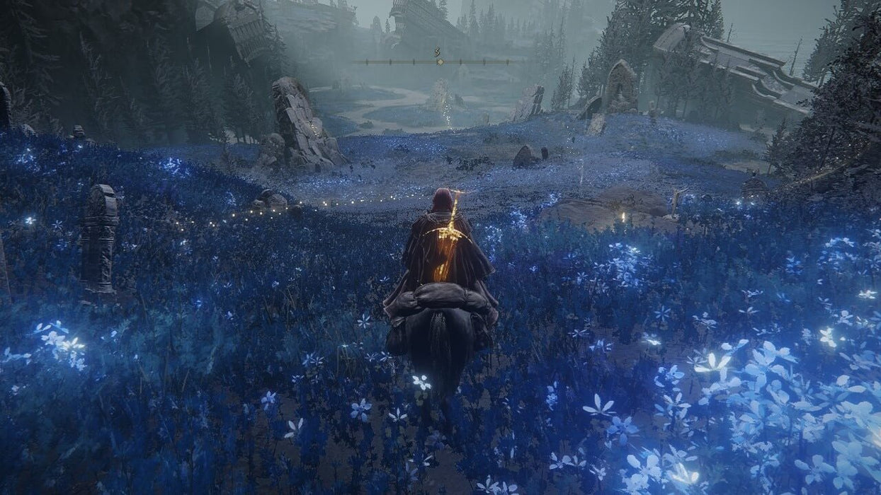 Gameplay screenshot - A mounted warrior rides through a mystical field of glowing blue flowers in Elden Ring: Shadow of the Erdtree Edition for PC Steam (EMEA). The ethereal landscape and magical atmosphere highlight the game’s stunning visual design. Secure your Elden Ring CD Key now at RushGame.co