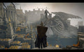 Gameplay screenshot - A heavily armored warrior stands on a high vantage point, overlooking a grand medieval city with towering castles in Elden Ring: Shadow of the Erdtree Edition for PC Steam (EMEA). A colossal dragon looms in the distance, foreshadowing an epic battle. Get your Elden Ring DLC key instantly at RushGame.co