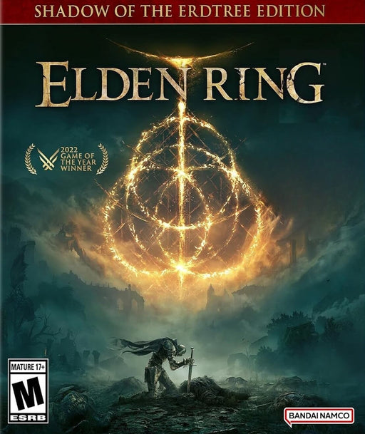 Cover art for Elden Ring: Shadow of the Erdtree Edition on PC Steam (EMEA), featuring the glowing Elden Ring symbol and a kneeling warrior. This edition includes the base game and the highly anticipated DLC expansion. Get your Elden Ring CD Key now at RushGame.co