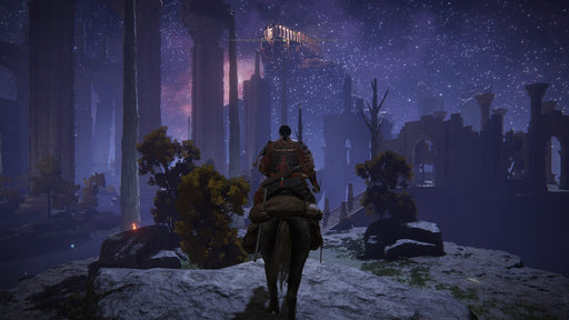 Gameplay screenshot - A lone warrior on horseback gazes at a glowing castle in a star-lit cavern in Elden Ring: Shadow of the Erdtree Edition for Xbox One & Xbox Series X|S. The magical environment showcases the game’s breathtaking world. Buy your Elden Ring DLC key now at RushGame.co