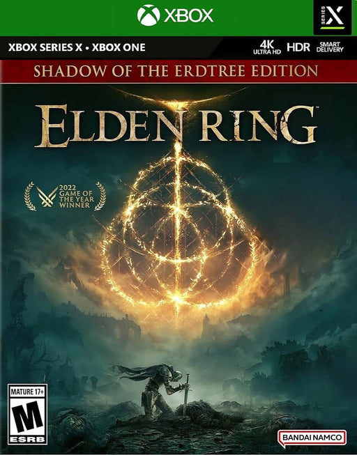 Cover art for Elden Ring: Shadow of the Erdtree Edition on Xbox One & Xbox Series X|S, featuring the glowing Elden Ring sigil and a kneeling warrior. This edition includes the base game and the Shadow of the Erdtree expansion. Get your Elden Ring CD Key instantly at RushGame.co