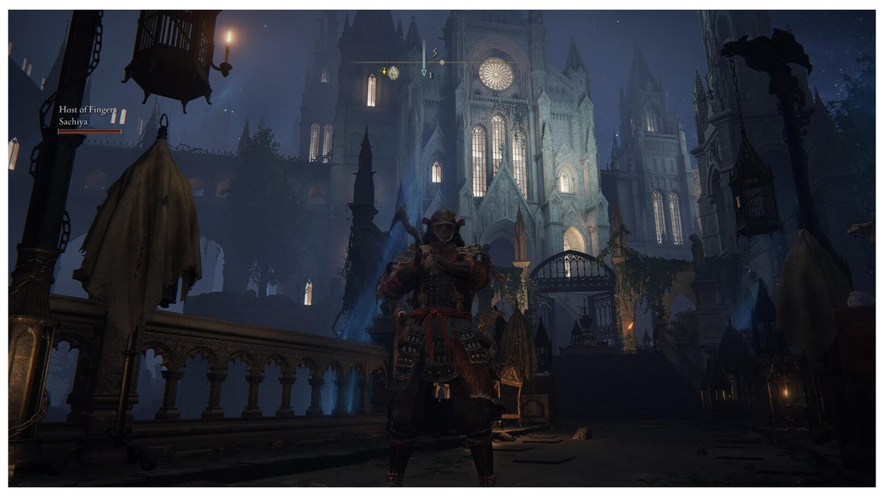 Nighttime screenshot of a player character in samurai armor standing in front of a grand illuminated cathedral in Elden Ring. Begin your journey through the Lands Between—get your Elden Ring Xbox digital code instantly at RushGame.co