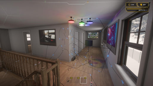 Gameplay screenshot - A dynamic screenshot from Electrician Simulator, featuring a house interior with complex electrical wiring visible through interactive game mechanics. Master circuit repairs and wiring installations. Secure your digital game key at RushGame.co