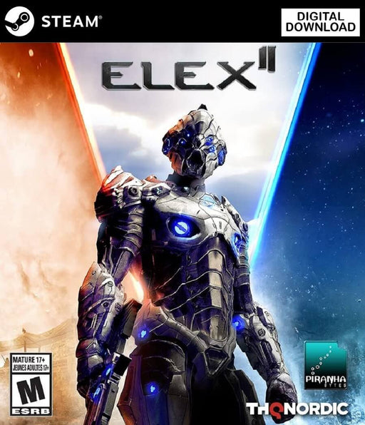 cover art for ELEX II PC Steam CD Key, featuring a futuristic armored warrior with glowing blue accents, standing against a dramatic background of fire and ice. Buy your ELEX II digital key at RushGame.co for an epic sci-fi RPG adventure