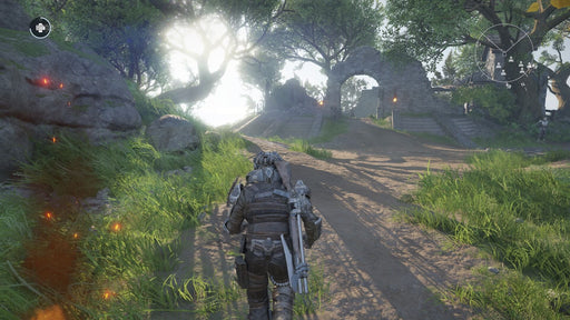 ELEX Xbox One gameplay screenshot featuring an armored protagonist walking towards an ancient stone fortress bathed in sunlight, surrounded by greenery. Purchase your ELEX Xbox One CD Key at RushGame.co and embark on a thrilling sci-fi fantasy RPG adventure