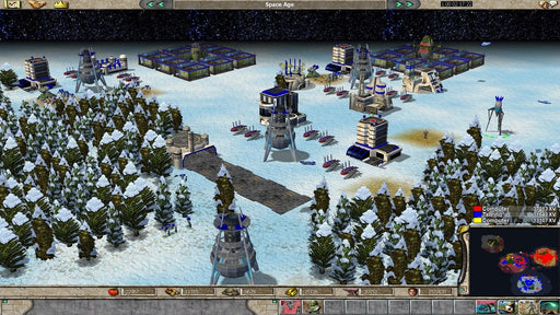 Screenshot - Empire Earth Gold Edition PC GOG gameplay screenshot featuring a snowy landscape with advanced Space Age cities, robotic defenses, and strategic military formations. Secure your Empire Earth Gold Edition CD Key at RushGame.co and experience the ultimate historical strategy adventure