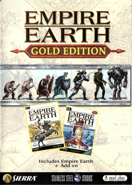 Official cover art for Empire Earth Gold Edition PC GOG CD Key, featuring an evolution timeline from ancient warriors to futuristic mech soldiers. Buy your Empire Earth Gold Edition digital key at RushGame.co and rewrite history in this legendary real-time strategy game