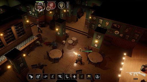 Gameplay screenshot - Empire of Sin Xbox One strategy gameplay inside a 1920s speakeasy, where a gangster fires a Tommy gun while enemies fall to the ground. The environment is filled with period decor, wooden furniture, and vintage paintings. Secure your Empire of Sin Xbox One activation key today at RushGame.co