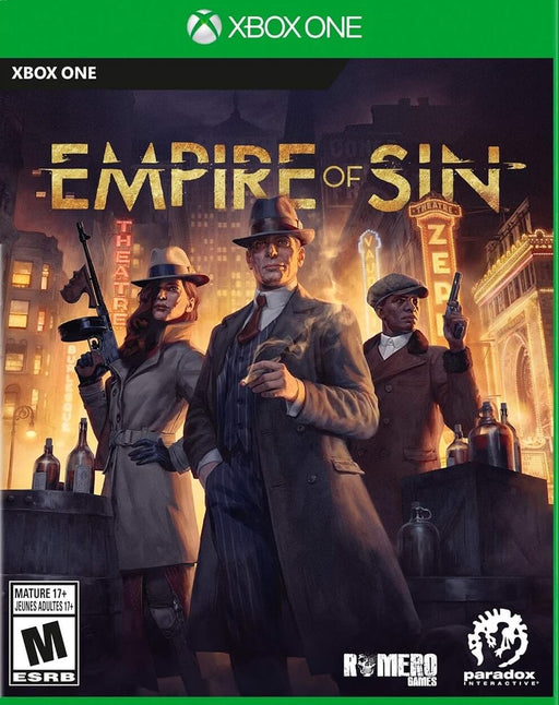 Empire of Sin Xbox One cover art featuring three mobsters dressed in 1920s attire, holding weapons in a dimly lit cityscape with neon signs. Buy your Empire of Sin Xbox One digital key at RushGame.co for an immersive strategy experience in the world of organized crime.