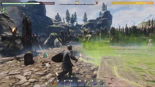 Gameplay screenshot - Enshrouded PC Steam combat gameplay as a warrior engages a monstrous foe spewing toxic green mist in a rugged battlefield. The action-packed scene showcases intense melee and magic-based combat. Buy your Enshrouded PC Steam digital key now at RushGame.co and battle through the shrouded lands