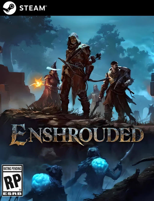 Enshrouded PC Steam cover art featuring a group of warriors and spellcasters in a dark fantasy setting, standing against eerie glowing creatures in the shadows. The game's title appears in a medieval-style font, emphasizing its survival RPG elements. Buy your Enshrouded PC Steam digital key now at RushGame.co and dive into an epic adventure