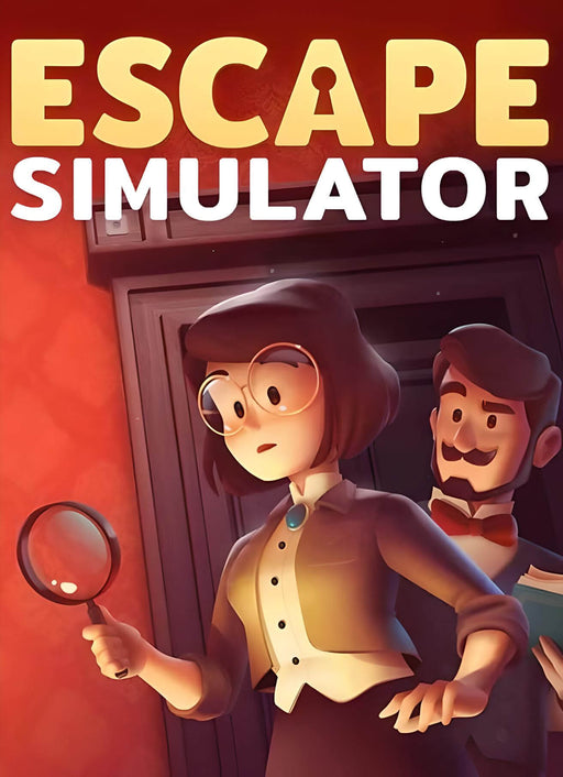 Escape Simulator PC Steam cover art featuring two cartoon-style characters in a dimly lit room, one holding a magnifying glass while the other carries a book. The title 'Escape Simulator' is displayed in bold letters, emphasizing the game's puzzle-solving adventure. Buy your Escape Simulator PC Steam digital key now at RushGame.co and test your skills in immersive escape rooms