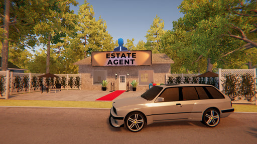 Screenshot from Estate Agent Simulator showing the exterior of a real estate agency with a luxury car parked outside. The building features a sign reading "Estate Agent," a red carpet entrance, and a neatly decorated yard. Buy Estate Agent Simulator PC Steam CD Key at RushGame.co and experience the life of a property tycoon