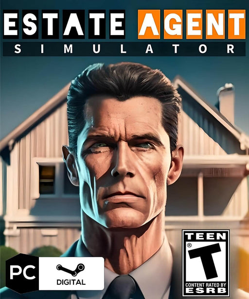 Cover art of Estate Agent Simulator for PC (Steam), featuring a serious-looking real estate mogul in a suit with a modern house in the background. Rated Teen by ESRB, this game lets players dive into the world of property management and auctions. Buy Estate Agent Simulator PC Steam CD Key at RushGame.co for instant digital delivery