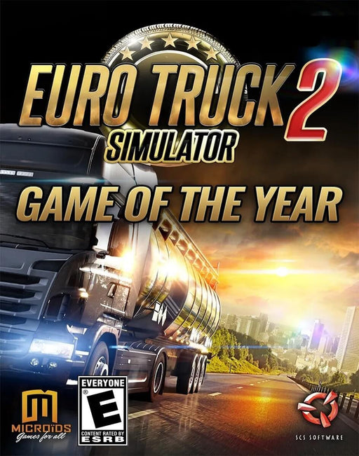 Cover art for Euro Truck Simulator 2 GOTY Edition, featuring a powerful truck against a golden cityscape background. Experience the ultimate truck driving simulation with enhanced gameplay and expansions. Buy your Euro Truck Simulator 2 GOTY Edition PC Steam CD Key now at RushGame.co for fast digital delivery