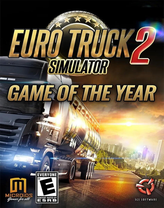 Cover art for Euro Truck Simulator 2 GOTY Edition, featuring a powerful truck against a golden cityscape background. Experience the ultimate truck driving simulation with enhanced gameplay and expansions. Buy your Euro Truck Simulator 2 GOTY Edition PC Steam CD Key now at RushGame.co for fast digital delivery