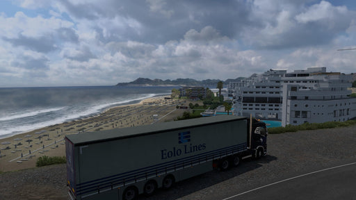 Gameplay screenshot - Stunning coastal view from Euro Truck Simulator 2 - Road to the Black Sea DLC, featuring a truck overlooking a seaside resort with sandy beaches and luxury hotels. Experience the diverse environments of the Black Sea region with this expansion. Purchase your Euro Truck Simulator 2 - Road to the Black Sea DLC PC Steam CD Key at RushGame.co