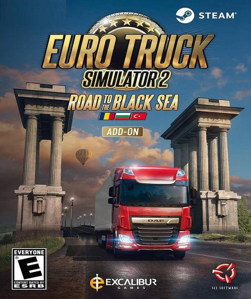 Cover art for Euro Truck Simulator 2 - Road to the Black Sea DLC on PC (Steam), featuring a red DAF truck driving through an iconic European bridge. This expansion unlocks new roads and cities in Romania, Bulgaria, and Turkey. Buy Euro Truck Simulator 2 - Road to the Black Sea DLC PC Steam CD Key at RushGame.co for instant digital delivery