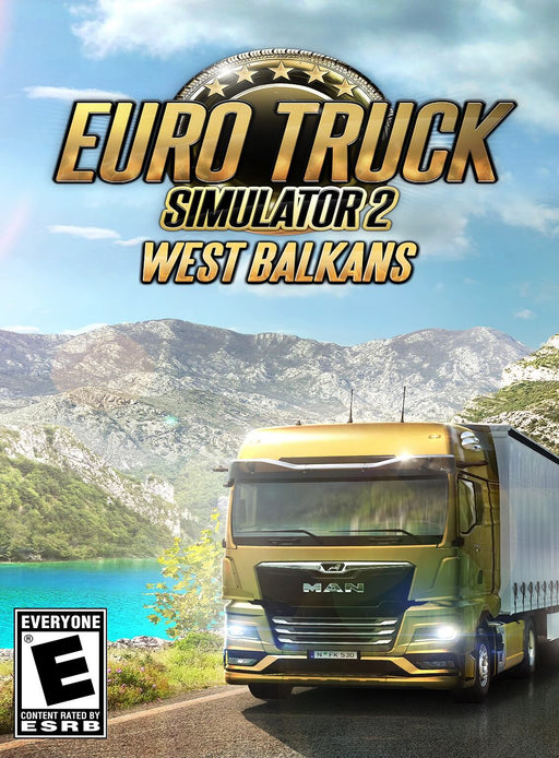 Cover art for Euro Truck Simulator 2 - West Balkans DLC on PC (Steam), featuring a golden MAN truck driving through a scenic mountain road with crystal-clear waters in the background. Explore the stunning landscapes of the Western Balkans. Buy Euro Truck Simulator 2 - West Balkans DLC PC Steam CD Key at RushGame.co for instant digital delivery