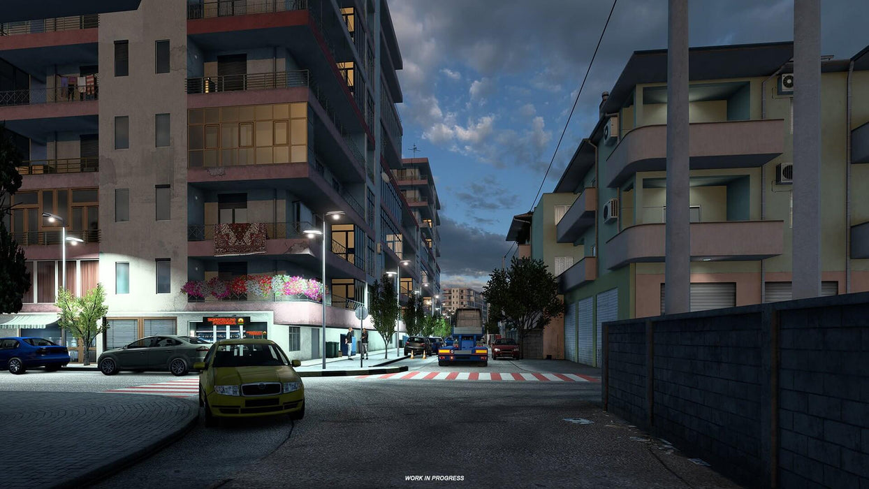 Gameplay screenshot from Euro Truck Simulator 2 - West Balkans DLC, showing a bustling urban neighborhood at dusk. Streetlights illuminate the residential buildings, while cars and trucks navigate through the narrow streets. Get Euro Truck Simulator 2 - West Balkans DLC PC Steam CD Key at RushGame.co and explore new Balkan cities