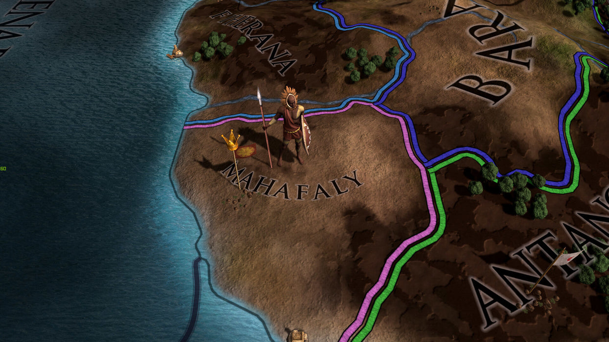 Gameplay screenshot - A close-up of the African region in Europa Universalis IV, showcasing the Mahafaly nation with a tribal warrior standing on the map. Experience new mission trees and unique historical events. Purchase your Europa Universalis IV - Origins DLC PC Steam CD Key now at RushGame.co