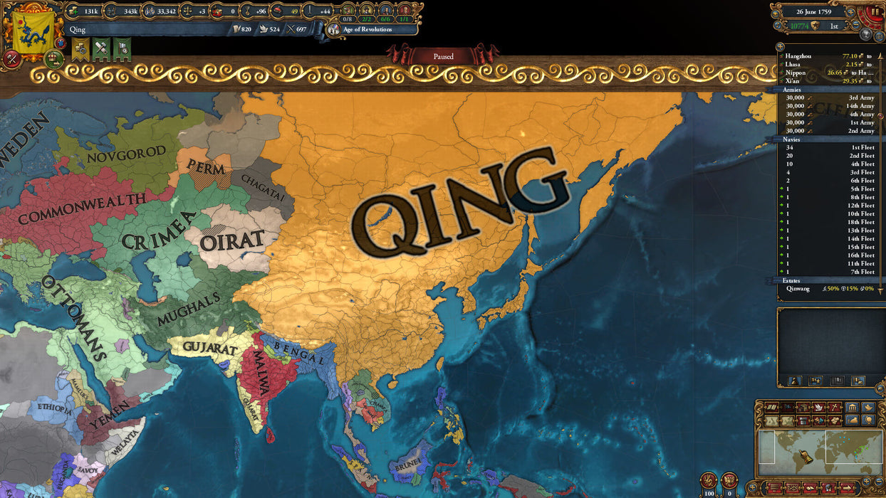 Gameplay screenshot - A strategic map view from Europa Universalis IV, showing the Qing empire dominating East Asia. Take control of powerful nations and shape global history in this grand strategy game. Get your Europa Universalis IV - Origins DLC PC Steam CD Key today at RushGame.co