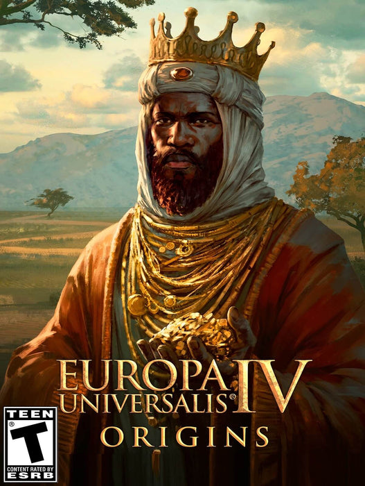 cover art for Europa Universalis IV - Origins DLC, featuring a regal African ruler adorned with gold jewelry and a crown. Expand your empire and rewrite history with new nations and missions. Buy your Europa Universalis IV - Origins DLC PC Steam CD Key now at RushGame.co for instant digital delivery.