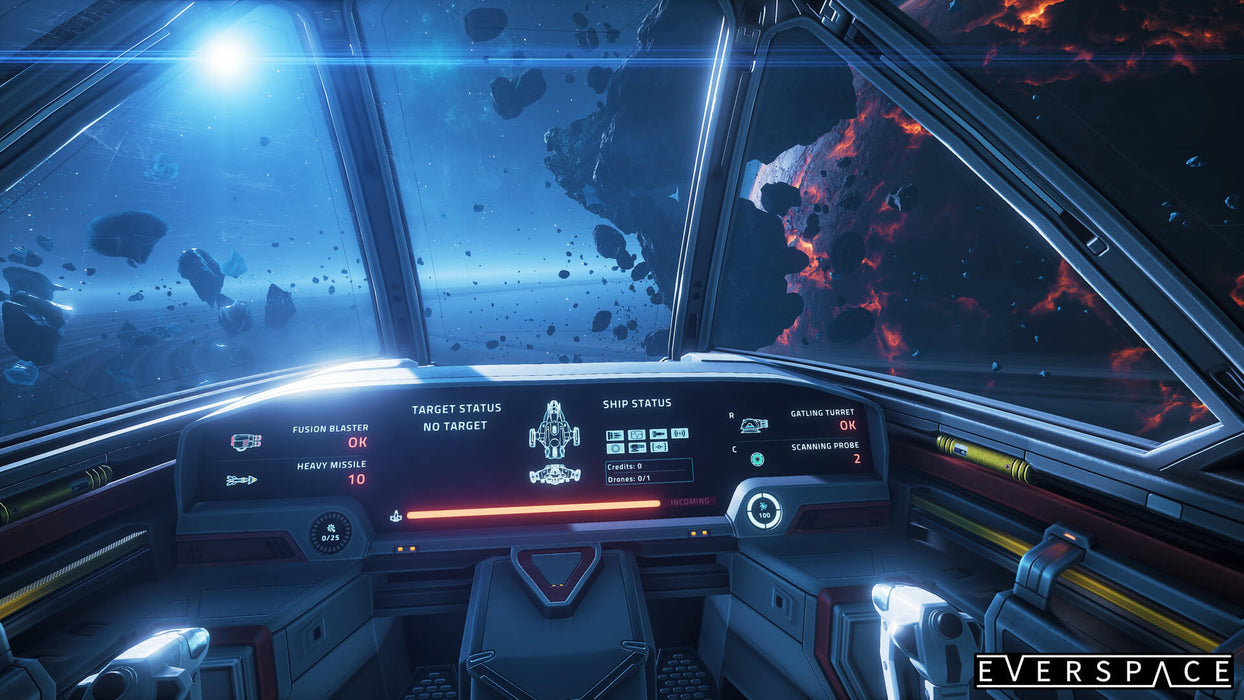 Gameplay screenshot - A futuristic spaceship cockpit view in Everspace, scanning deep-space environments with asteroids and a distant lava-covered planet. Engage in dynamic dogfights and resource gathering. Buy your Everspace PC GOG CD Key instantly at RushGame.co