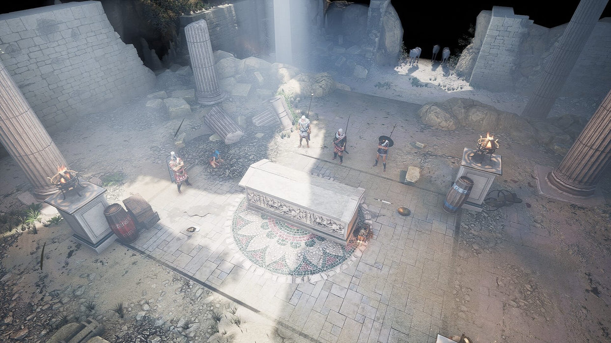 Gameplay screenshot - Ancient ruins in Expeditions: Rome on PC Steam, where Roman soldiers stand in a sunlit temple before a mysterious sarcophagus. Secure your Steam CD key today at RushGame.co