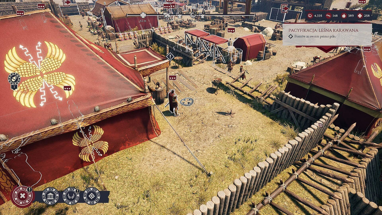 Gameplay screenshot - A Roman military camp in Expeditions: Rome for PC Steam, featuring red tents with golden insignia, soldiers patrolling, and strategic mission objectives. Purchase your game key now at RushGame.co