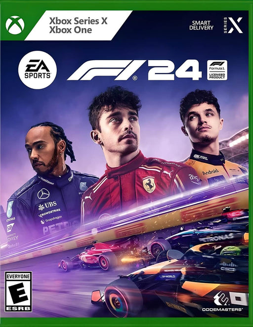 Official cover art for F1 24 on Xbox One & Xbox Series X|S, featuring Charles Leclerc, Lewis Hamilton, and Lando Norris in their team racing suits. The vibrant design showcases high-speed Formula 1 action. Purchase your F1 24 Xbox One & Xbox Series X|S CD Key at RushGame.co for instant digital delivery.