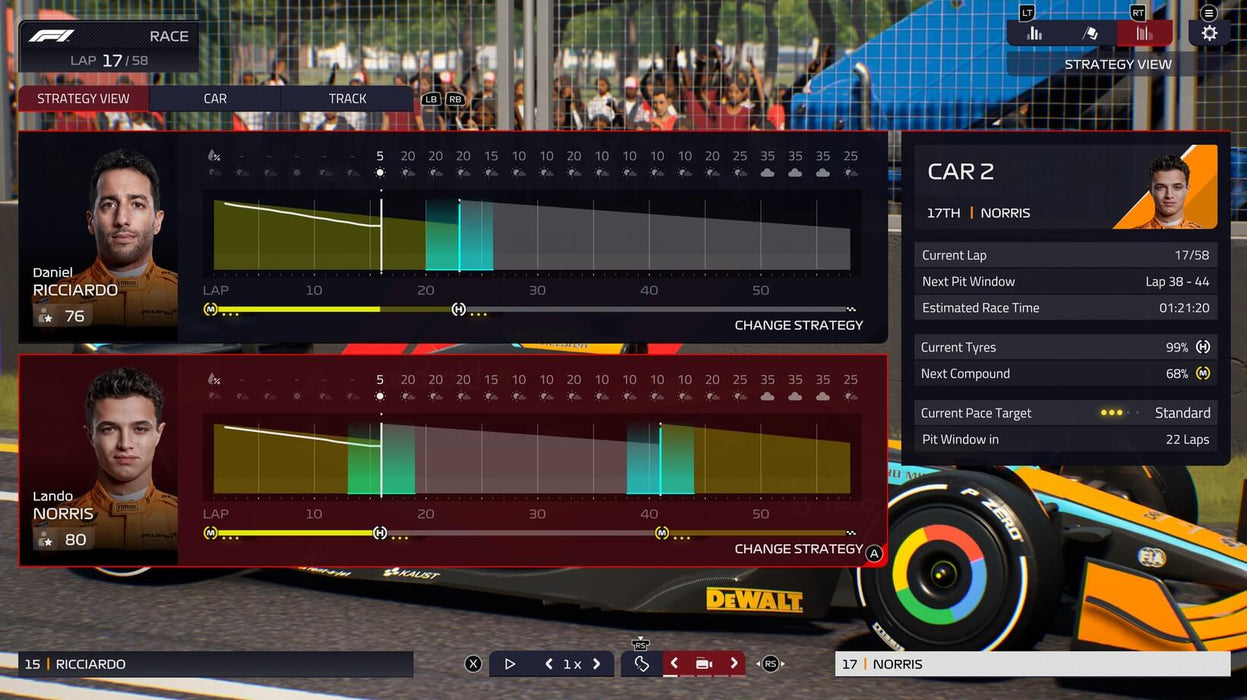 F1 Manager 2022 strategy interface showing detailed race planning for Daniel Ricciardo and Lando Norris, including tire wear, pit stop strategy, and lap predictions. Purchase your F1 Manager 2022 PC Steam CD Key at RushGame.co and master race strategy like a real F1 team principal