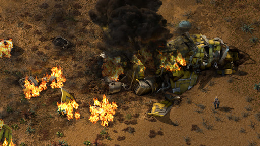 In-game screenshot from Factorio for PC Steam, showing a burning spaceship crash site in a hostile desert environment. Begin your journey by salvaging resources and building your first factory—get your game key instantly at RushGame.co