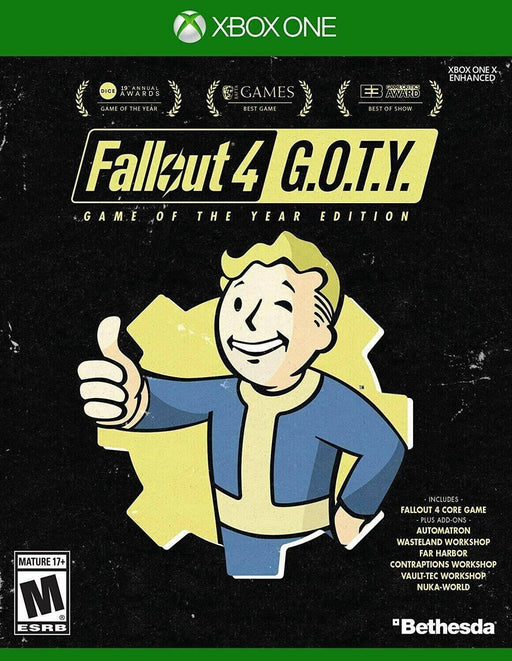 Official cover art for Fallout 4: Game of the Year Edition on Xbox One. Featuring Vault Boy in the classic thumbs-up pose, this cover highlights the award-winning RPG experience. Get your Fallout 4 GOTY CD key for Xbox One at RushGame.co for instant digital delivery