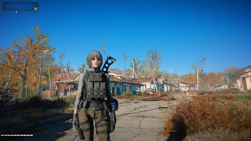 Gameplay screen - A female character in tactical gear stands in a post-apocalyptic town with abandoned houses and overgrown vegetation under a bright blue sky in Fallout 4. Explore the vast open-world wasteland with Fallout 4 PC Steam CD Key, available at RushGame.co