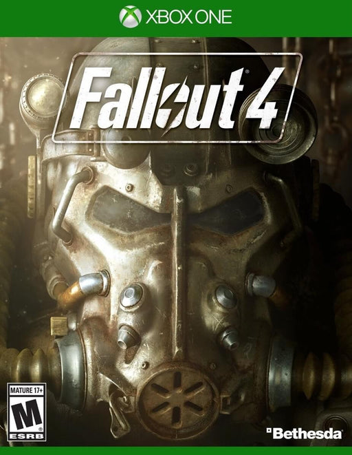 Official Fallout 4 Xbox One cover art featuring the iconic Power Armor helmet, representing the post-apocalyptic world of the game. Get your Fallout 4 Xbox One CD Key US instantly at RushGame.co and explore the wasteland.