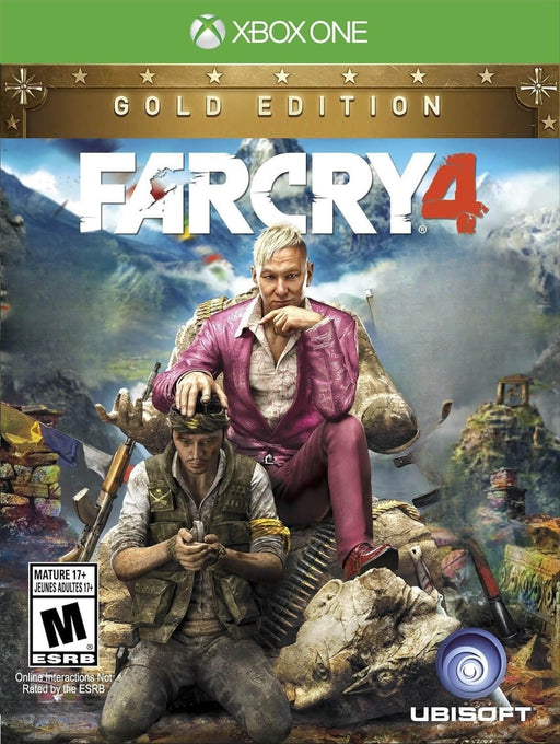 Official cover art for Far Cry 4: Gold Edition on Xbox One, featuring antagonist Pagan Min sitting confidently on a throne of weapons with the Himalayas in the background. Buy your Far Cry 4: Gold Edition Xbox One CD Key (US) instantly at RushGame.co for fast digital delivery